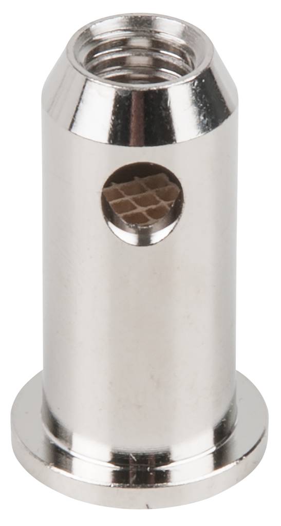 A metallic, cylindrical nozzle with a side hole and threading at one end, used for industrial applications.