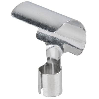 Metallic nozzle attachment for vacuum cleaner, cylindrical with a curved outlet opening. Suitable for targeted airflow.