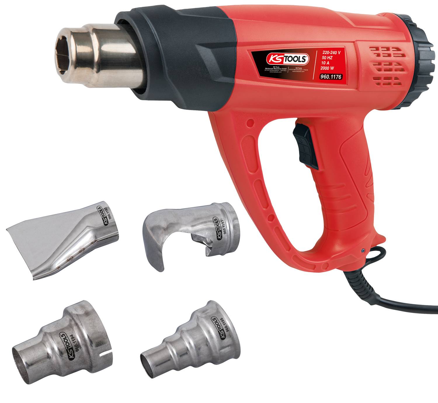 A red hot air blower with a black handle and four different nozzle attachments for various applications.