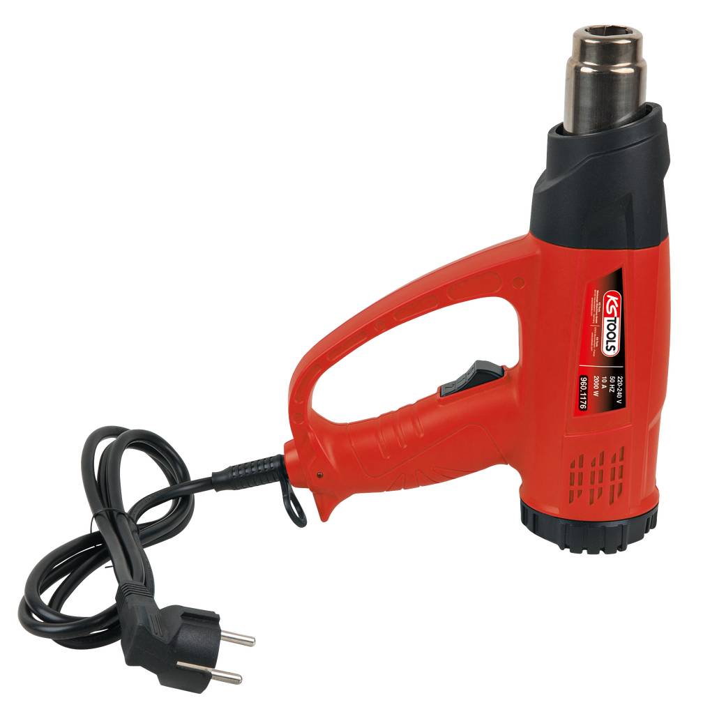 Red hot air hairdryer with power cable and handle, KS Tools brand, on white background.
