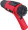 A red hot air blower with a black handle and digital display. It has multiple adjustment settings and a fan guard at the front.