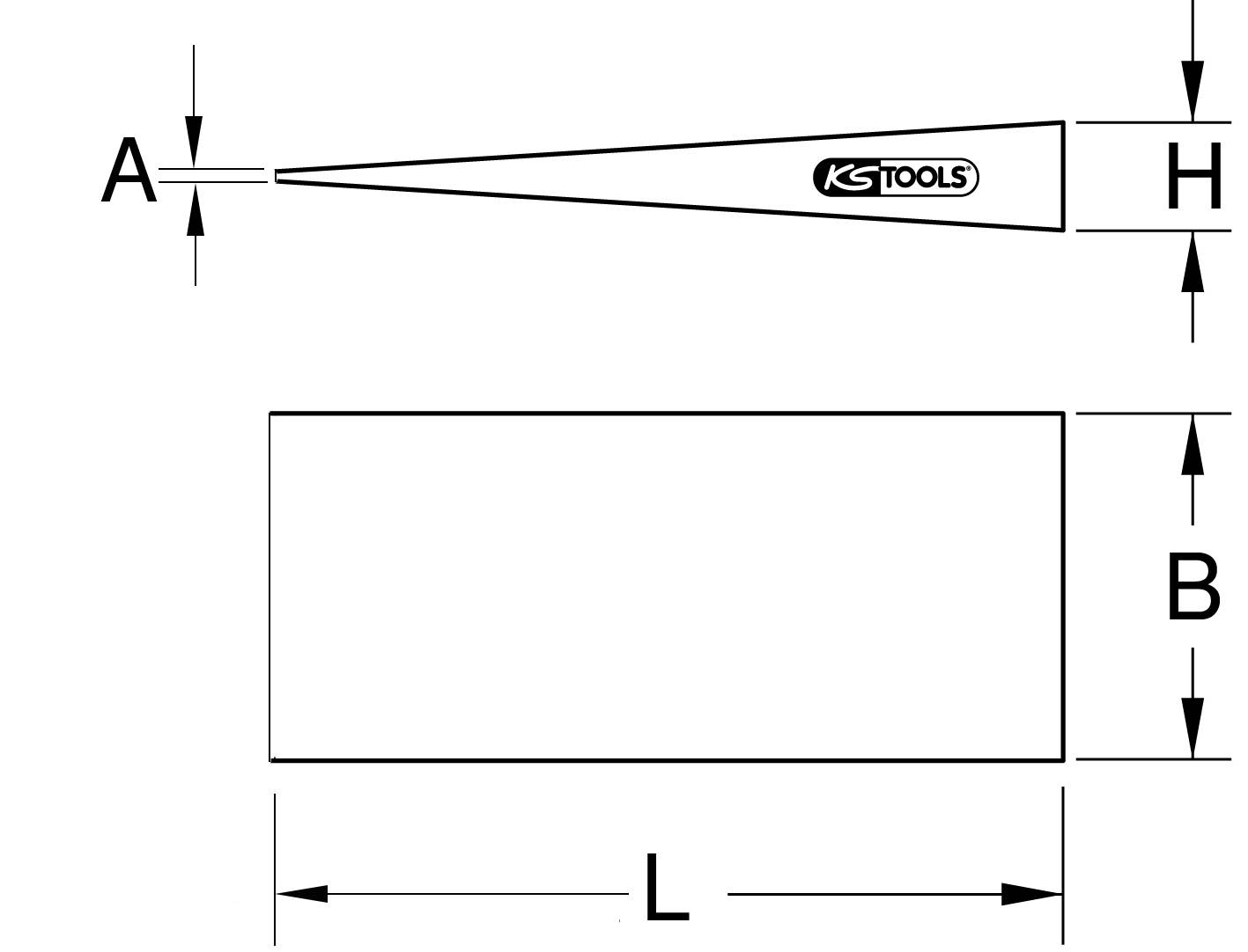 'KS Tools' tool drawing shows dimensions: Length (L), Width (B), Height (H) and A, represented by a triangular and a rectangular segment.