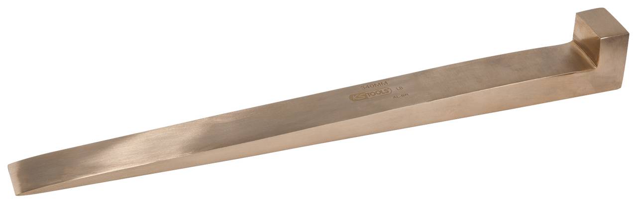 A long, gold-coloured metal rod with a right-angled hook at the end, most likely a specialised tool.