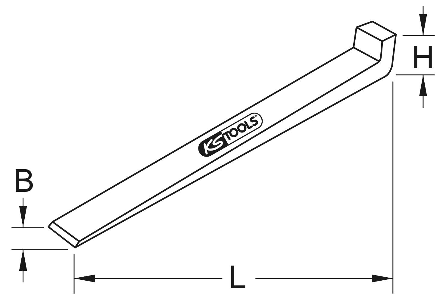 Drawing of a crowbar with dimensions B, L, H; tool name 'KS Tools' on the side.