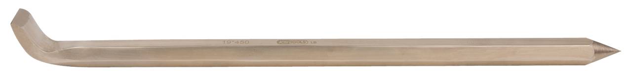 A metallic crowbar with a curved end and a pointed end.