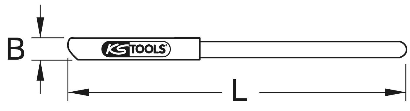 Schematic diagram of a tool with the inscription 'KS TOOLS'. Dimensions: Width (W) and Length (L) are specified.