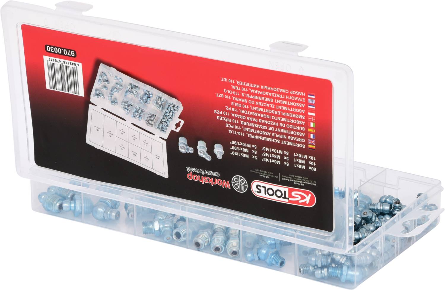 Plastic box with a set of blue grease nipples, "KS Tools" logo on sticker. Box on a table.