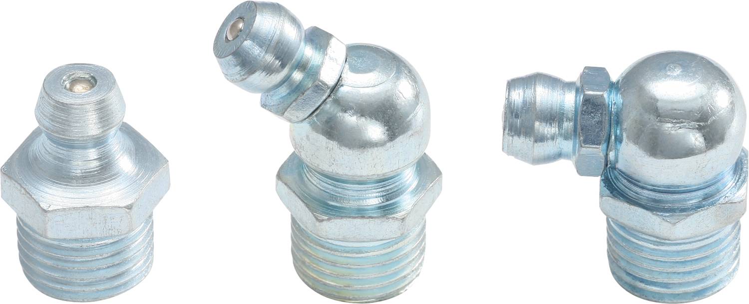 Three metal grease nipples, differently shaped and oriented. They are designed for replenishing lubricants in machinery.