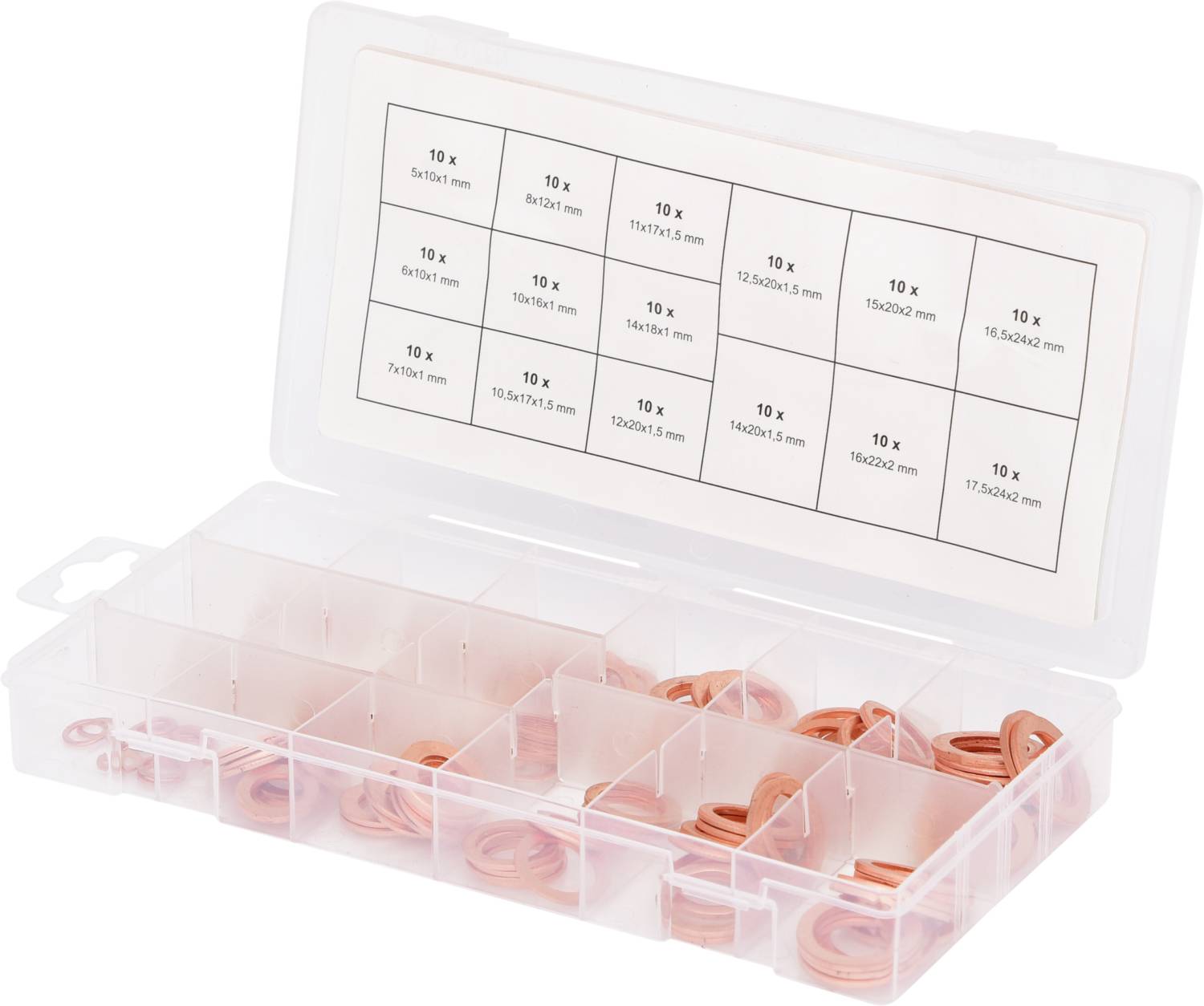 A transparent plastic box with compartments, filled with various sizes of copper sealing washers. A size chart is displayed on the lid.