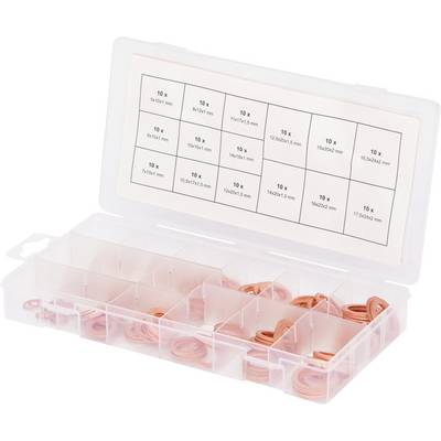 A transparent plastic box with compartments, filled with various sizes of copper sealing washers. A size chart is displayed on the lid.