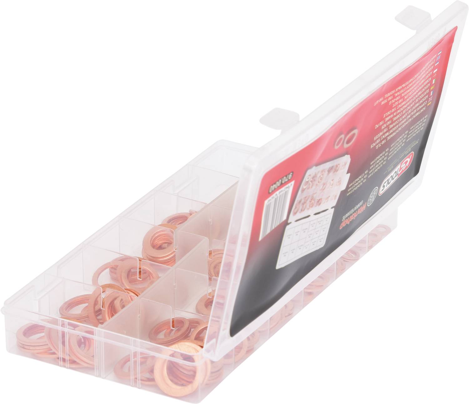 A transparent plastic box with multiple compartments containing copper sealing rings in various sizes. Packaging label on top.