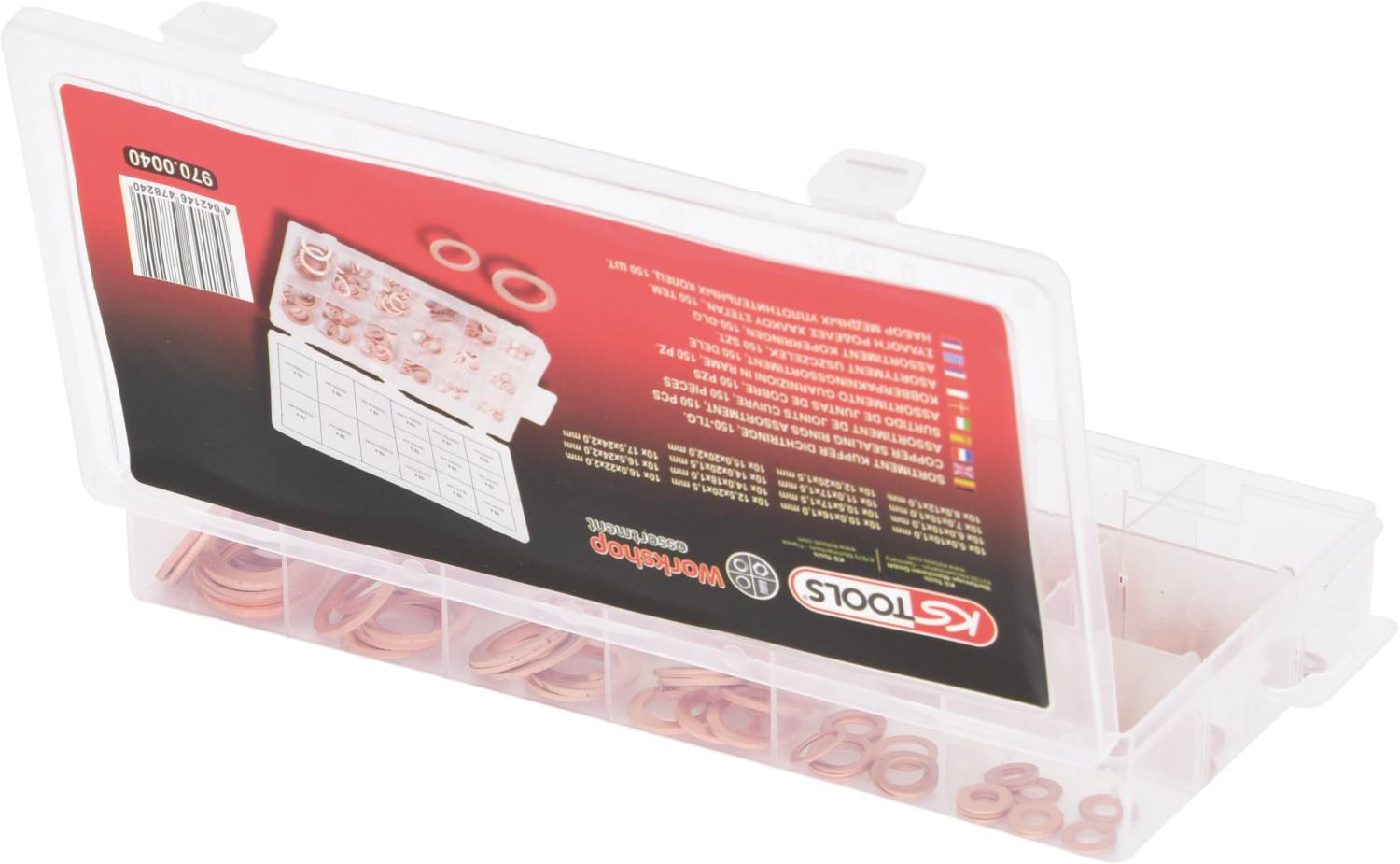 Clear storage box with red sealing rings of various sizes, stored in separate compartments.