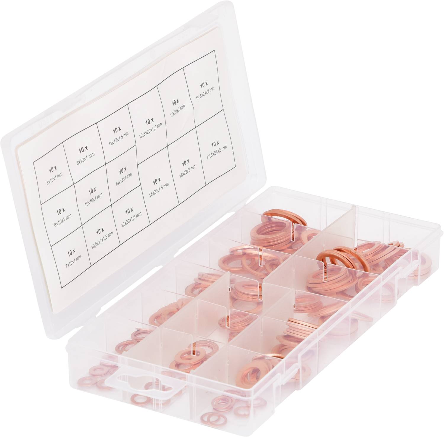An open plastic compartment box containing copper washers of various sizes. A label displays the size specifications.