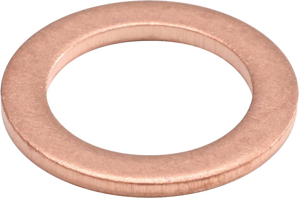 Copper washer, round and flat, serves as a sealing or spacer component in mechanical applications.