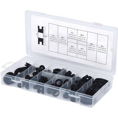 A transparent box with compartments, filled with various sealing rings. A size chart is depicted on the inside of the lid.