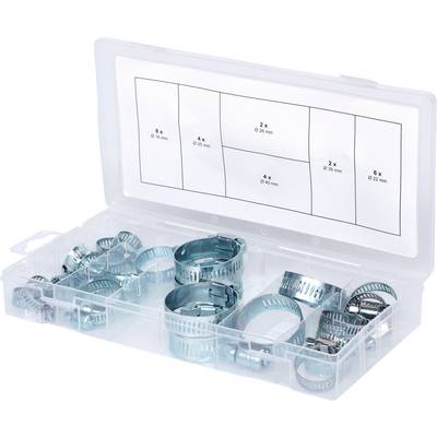A transparent plastic container holds various metal clamp clips. Measurements for the clips are indicated on the lid.