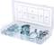 A transparent plastic container holds various metal clamp clips. Measurements for the clips are indicated on the lid.