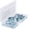 An open plastic box displays various pipe clips in multiple sizes.