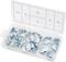 Opened plastic box with compartment contains 20 metal pipe clamps in various sizes. Size chart located on lid.