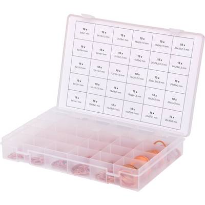 Plastic storage box with open compartments, containing round, orange-coloured seals. Lid displays labels with size specifications of the seals.
