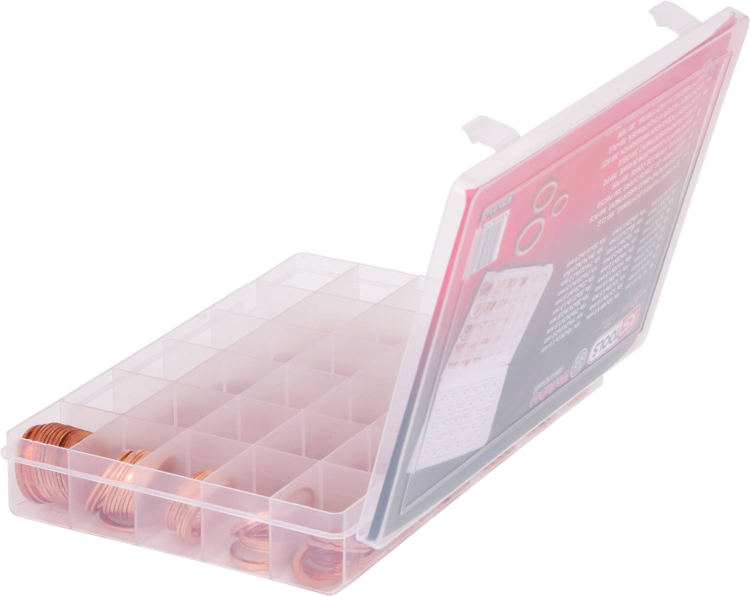Clear-view storage box with multiple compartments, containing coiled copper wires. Lid open, showing compartment layout.