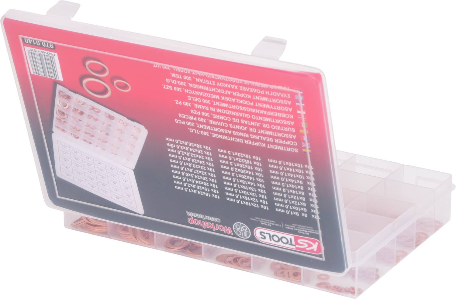 Plastic organiser with multiple small compartments, ideal for storing screws or small components.