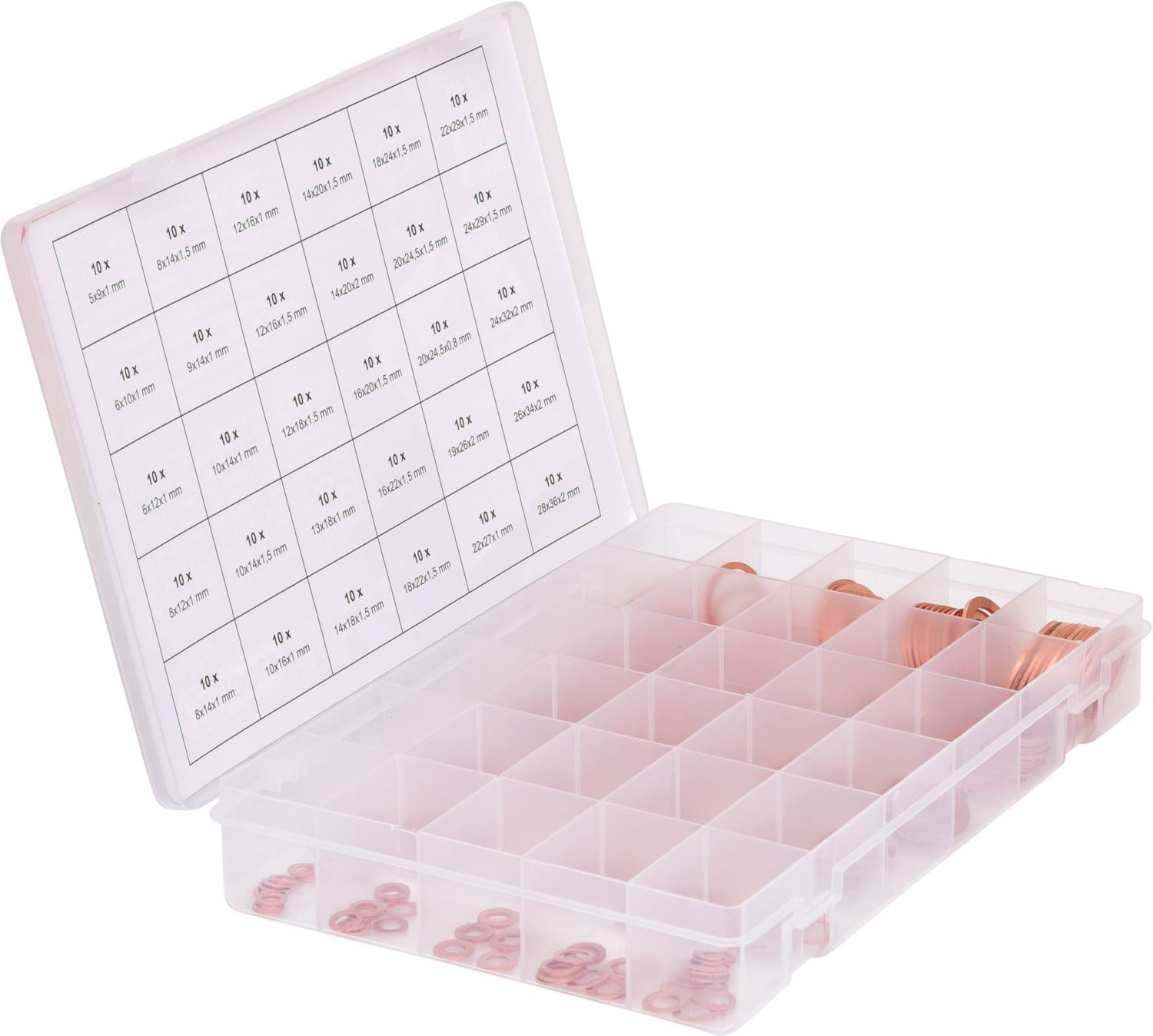 Transparent plastic box with an open lid, showing multiple compartments containing small metal elements. A label with writing is visible at the top.