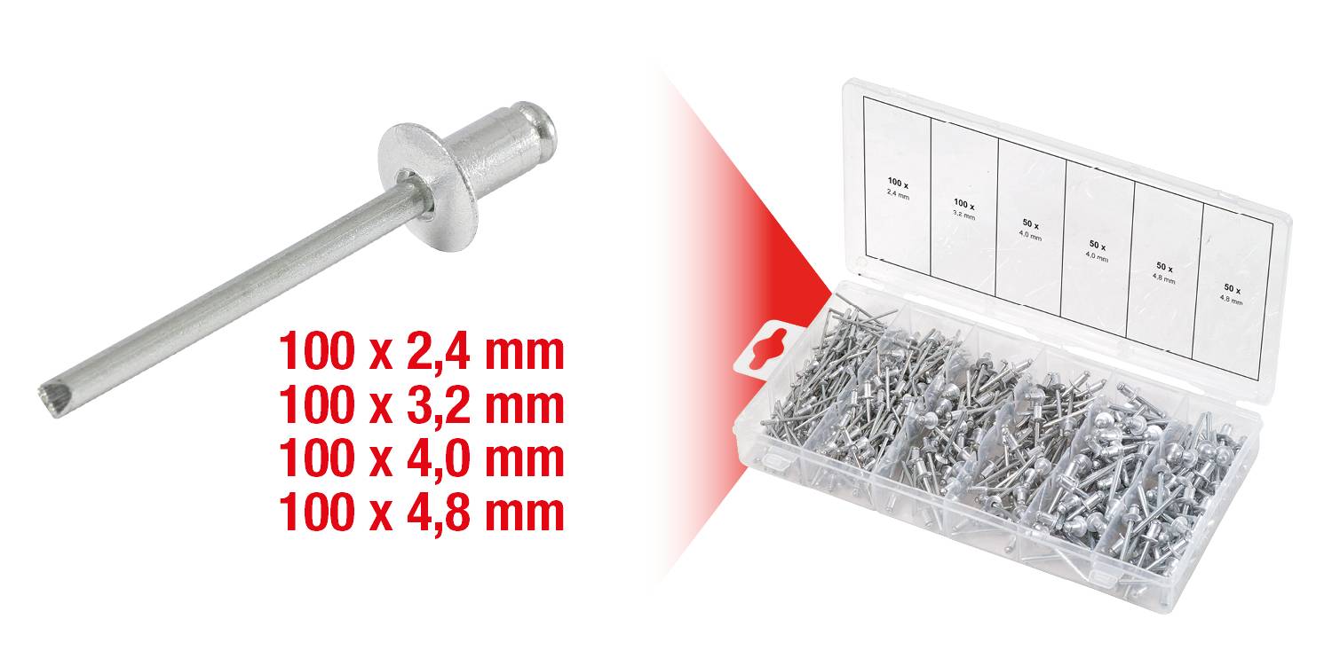 Blind rivets set consisting of 400 rivets in sizes 2.4 mm, 3.2 mm, 4.0 mm and 4.8 mm. Includes opened plastic box with rivets.
