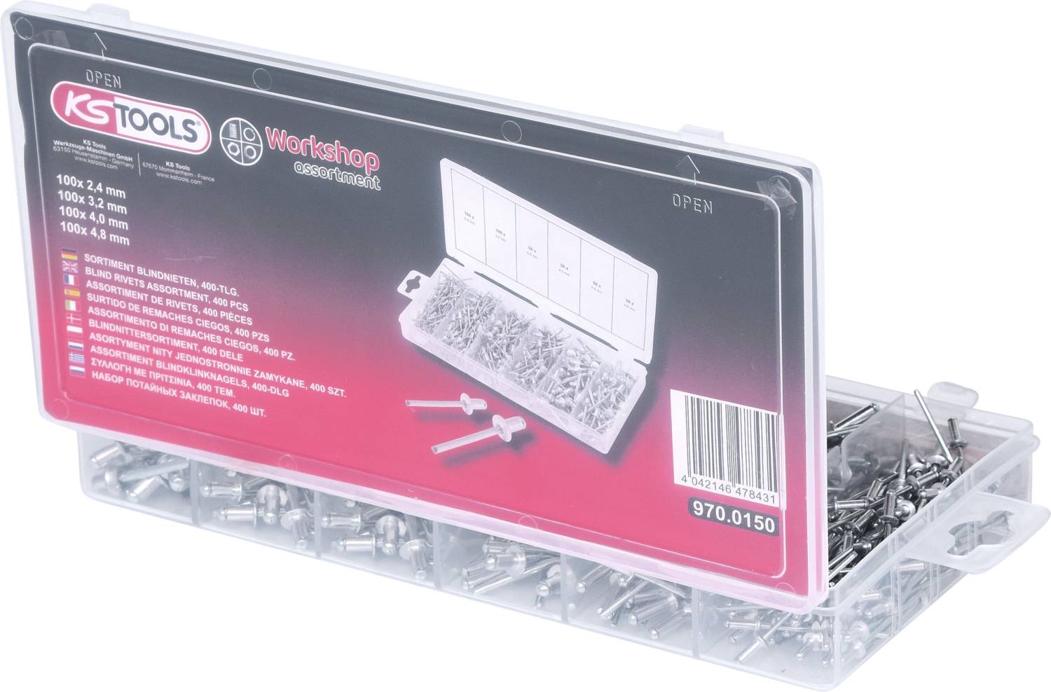 Plastic box with screws and wall plug set. The box has transparent compartments and external labelling. Brand and product information are printed on the exterior.