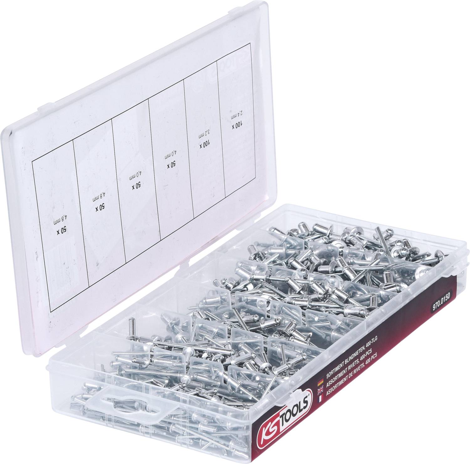 'Plastic storage box with various screws in compartments. Printed labels help identify screw sizes.'