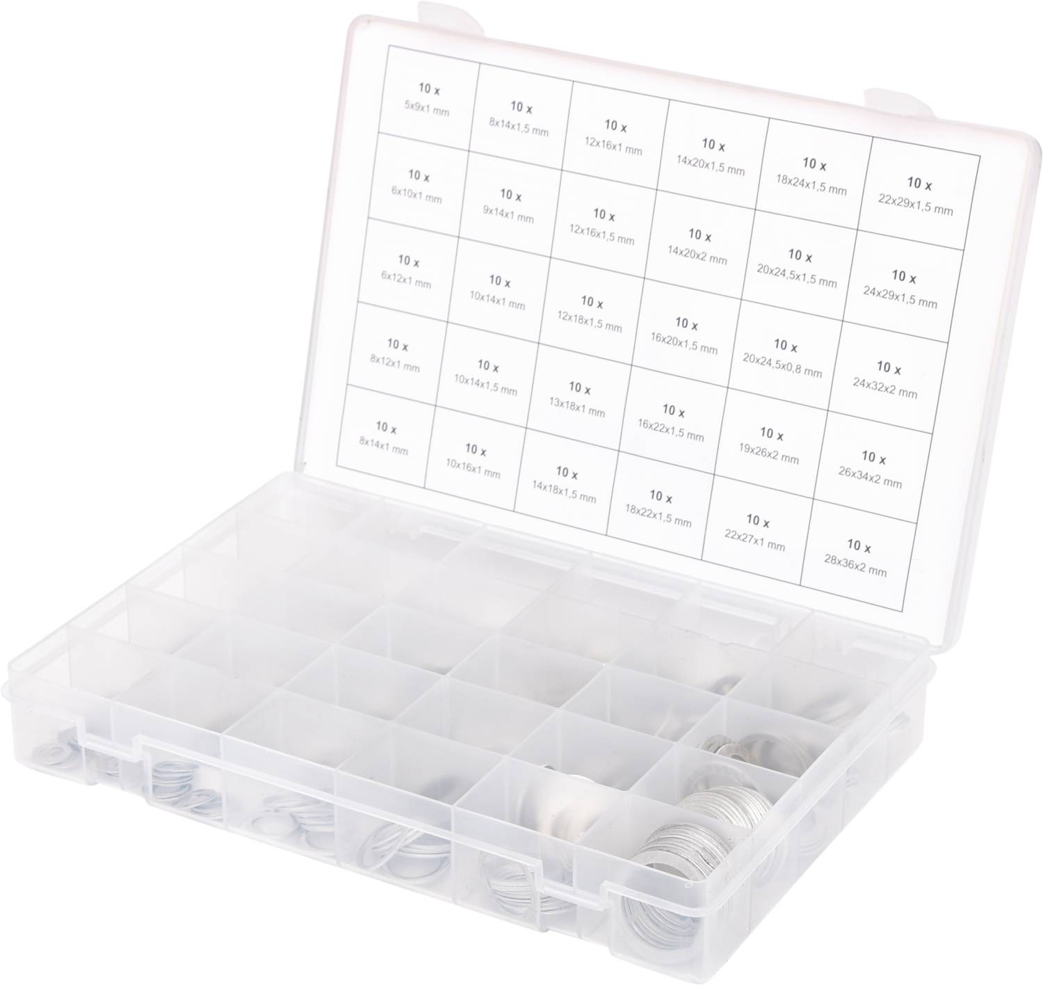 A transparent plastic storage box with multiple compartments containing various screws. A label describes the contents.