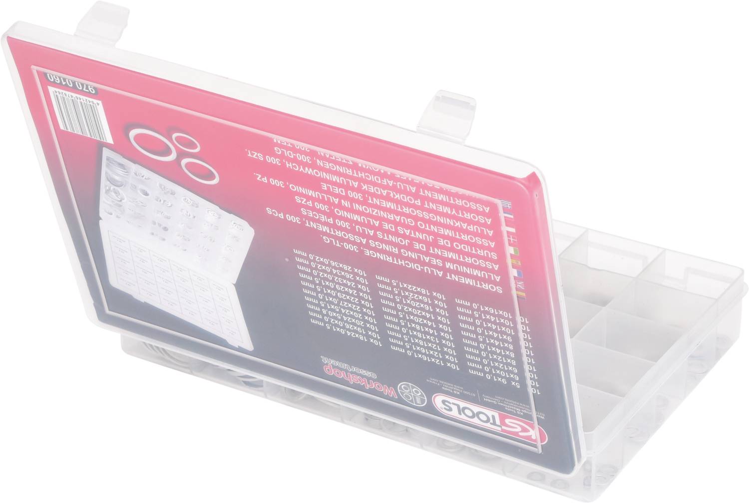Opened, transparent plastic box with rectangular compartments, used for storing small parts or accessories.