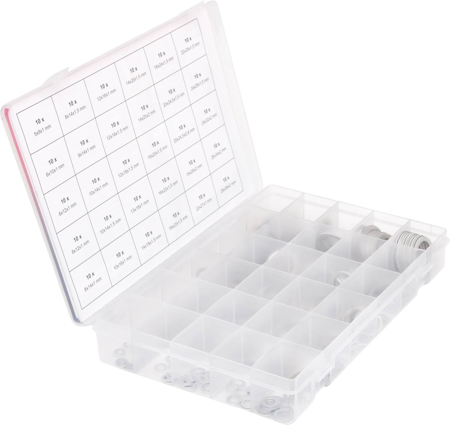 An open sorting tray with multiple compartments, partially filled with washers. The lid displays a list of size specifications.