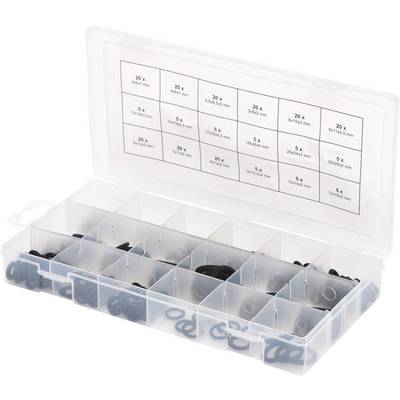 A transparent plastic box with compartments, filled with black O-rings of various sizes. A label describes the contents.