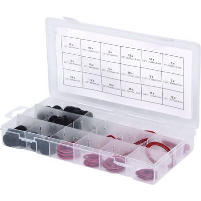 Translucent plastic storage box with multiple compartments, filled with black and red rubber seals in various sizes.