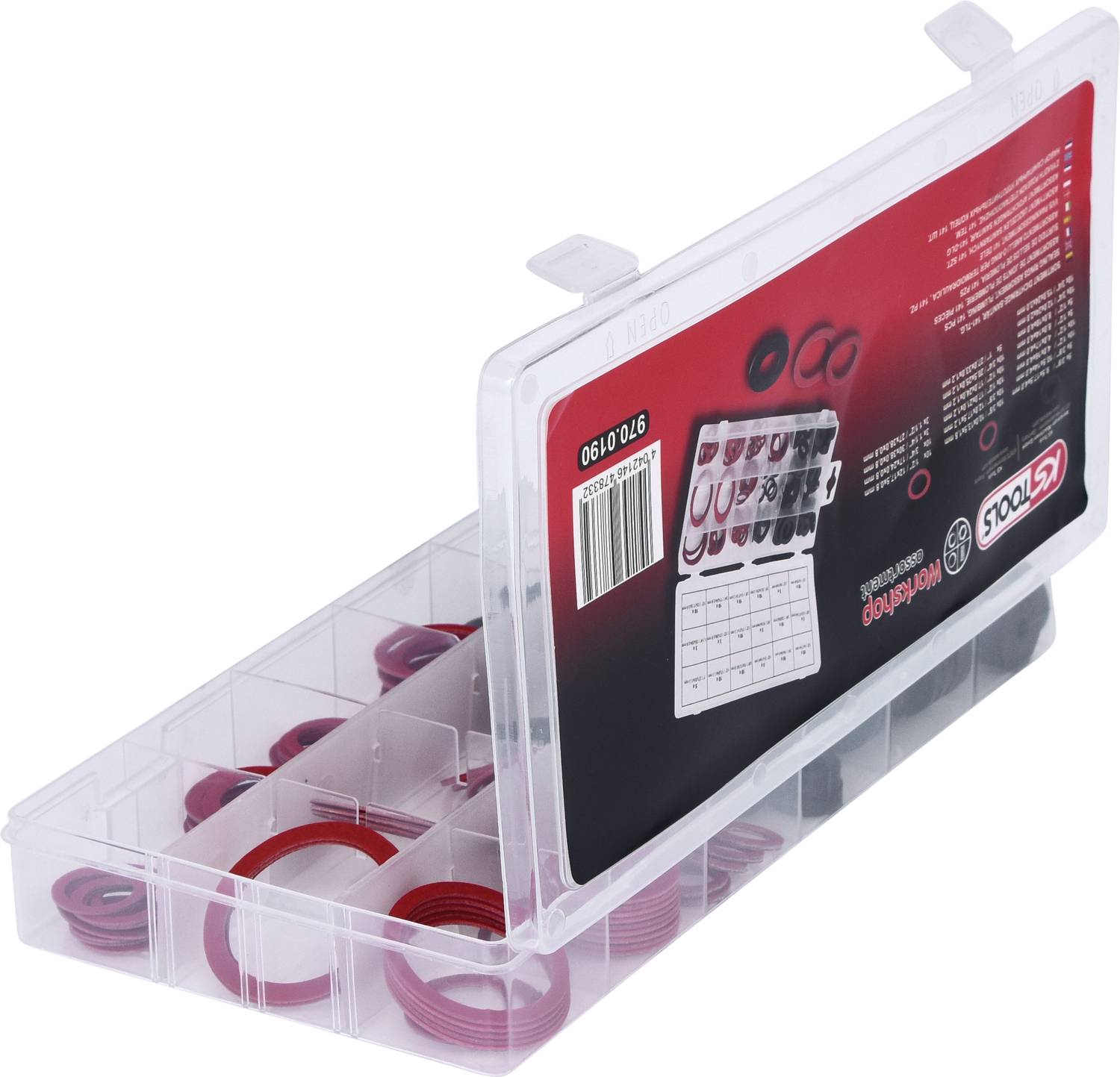 Transparent plastic box with various red sealing rings in separate compartments, label shows sizes and quantities.
