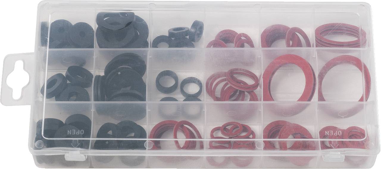 A foldable plastic box containing red and black O-rings in various sizes, neatly organised in compartments.