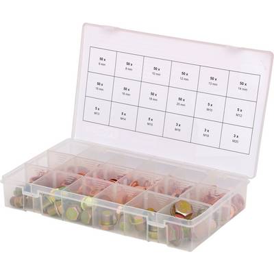 Plastic storage box with compartments, filled with various screws and nuts in different sizes, lid featuring a contents label.