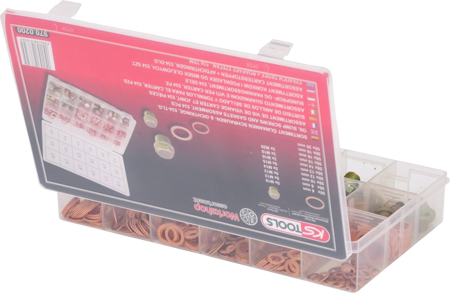 Transparent plastic box with multiple compartments, filled with various metal rings and seals. Lid displays an illustration of the contents.