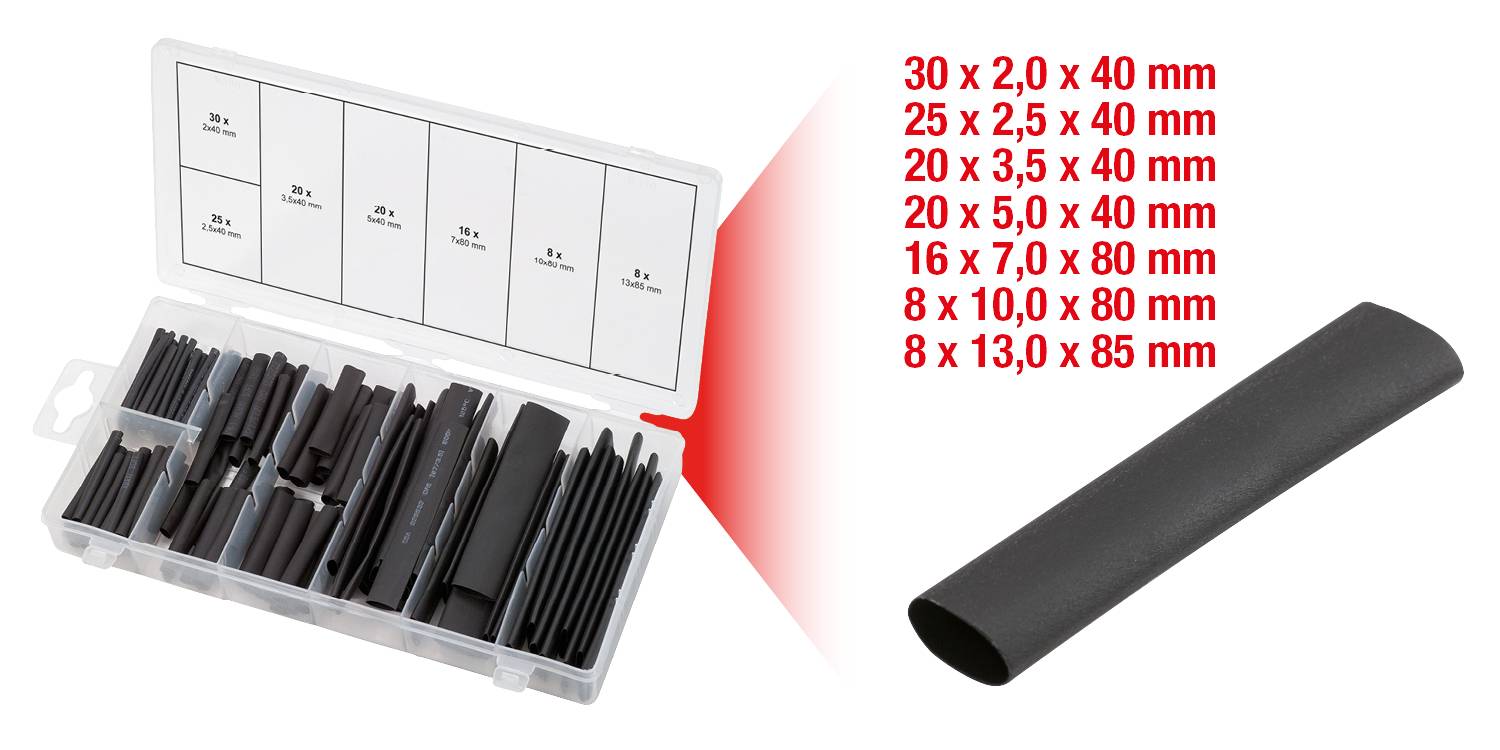 In the image, a set of black heat shrink tubes in various sizes is shown. The sizes are indicated in millimetres.