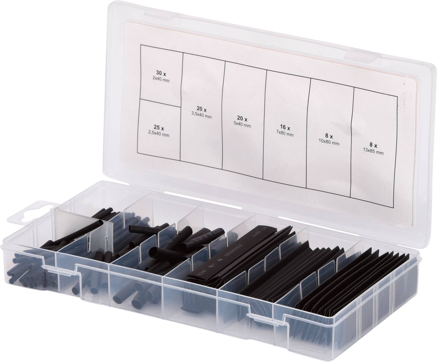 Transparent plastic storage box with compartments, filled with various heat-shrink tubes in different sizes.