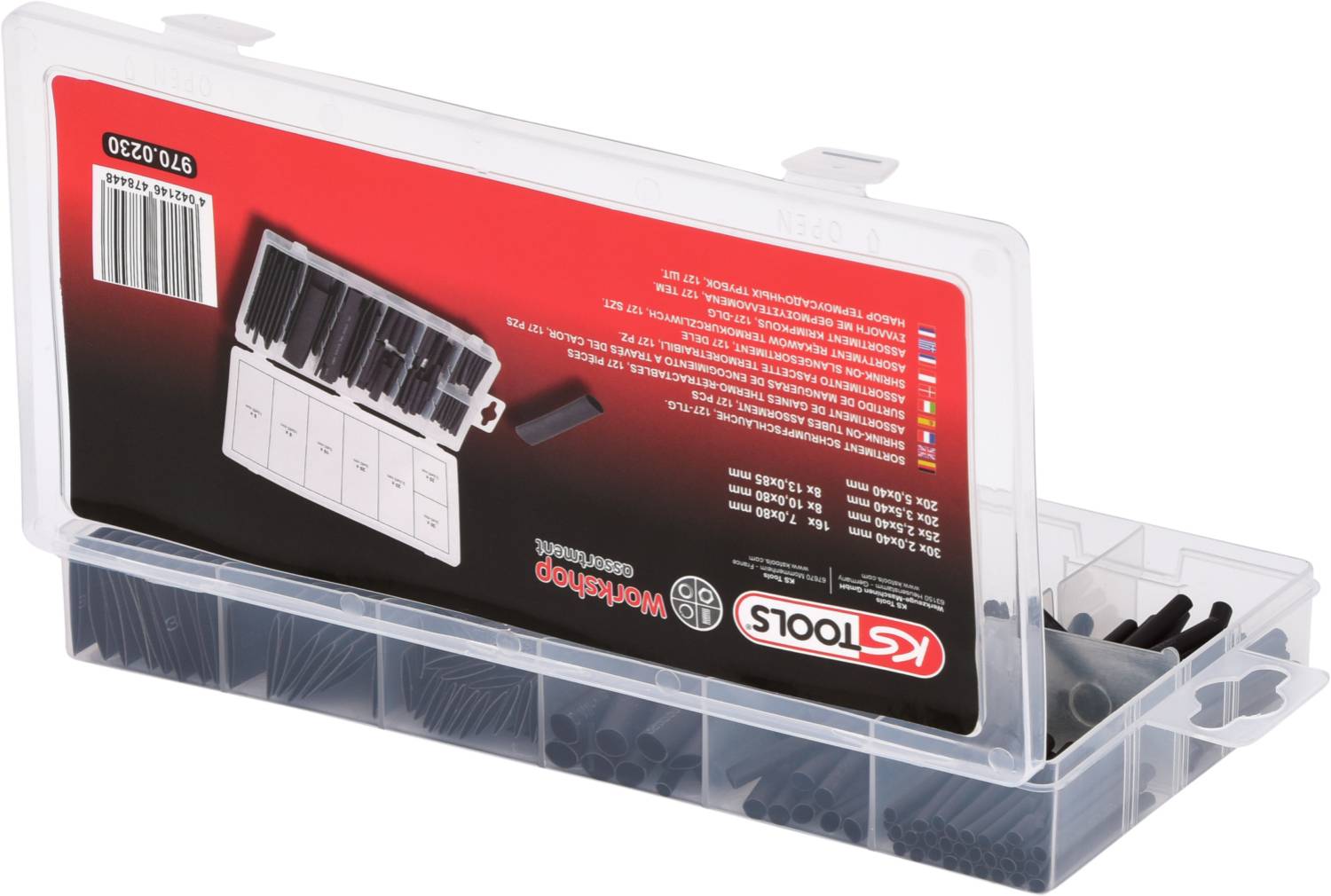 A transparent plastic box with multiple compartments contains various small black components. A photo of the box and the KS Tools logo are visible on the lid.