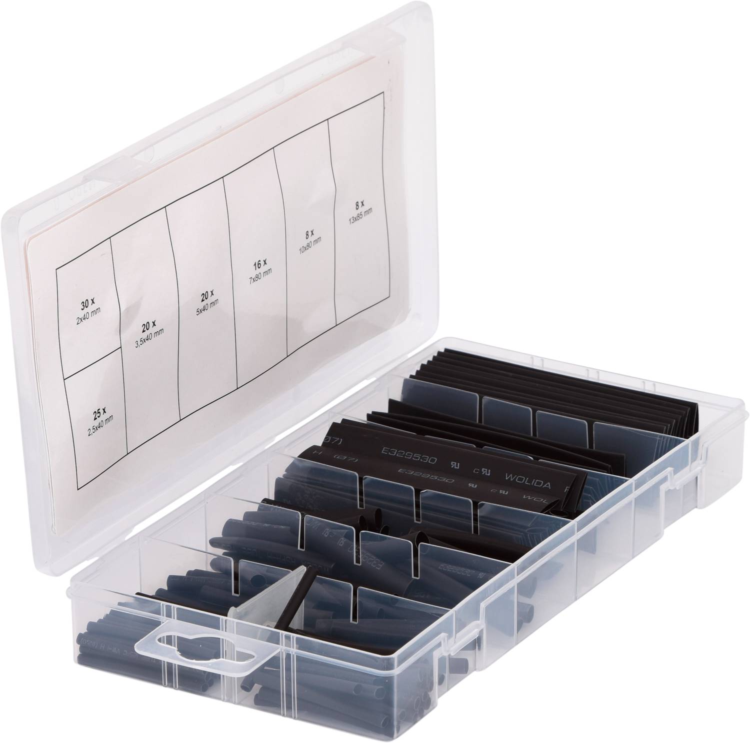 Open plastic box with various black steel parameter inserts, organised in compartments, with a specification list on top.