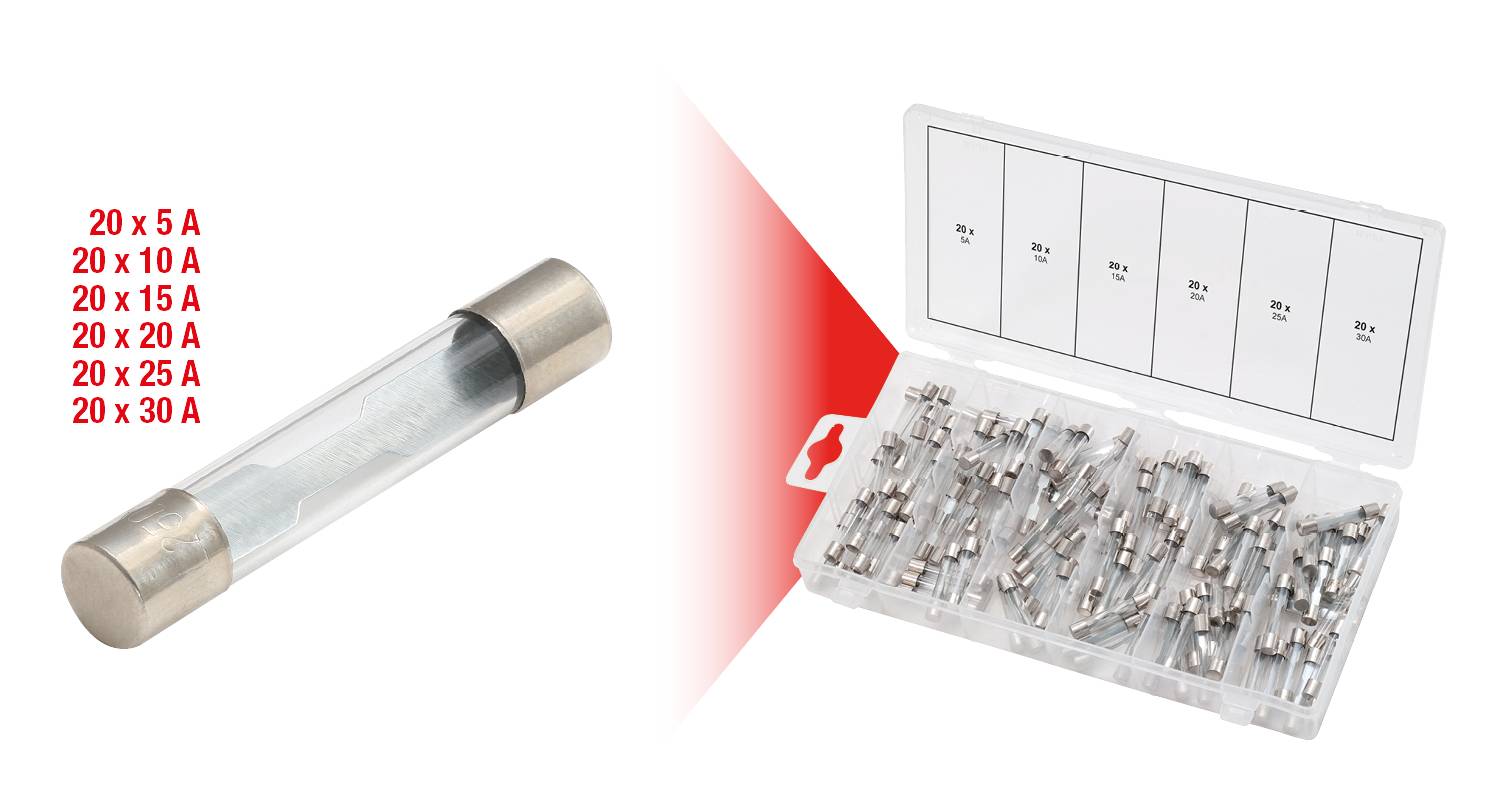 Glass Fuse Selection: Various fuses from 5A to 30A, supplied in a box; main focus is a single glass fuse.