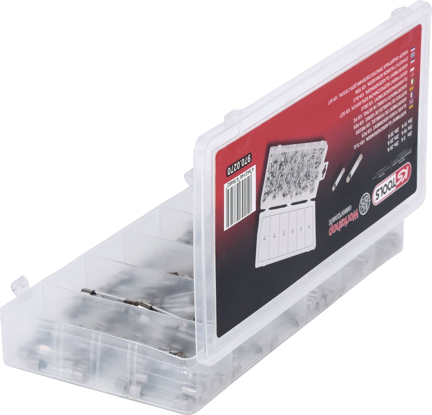 A transparent, open plastic box contains various small metal parts or tools. A packaging label is partially visible.