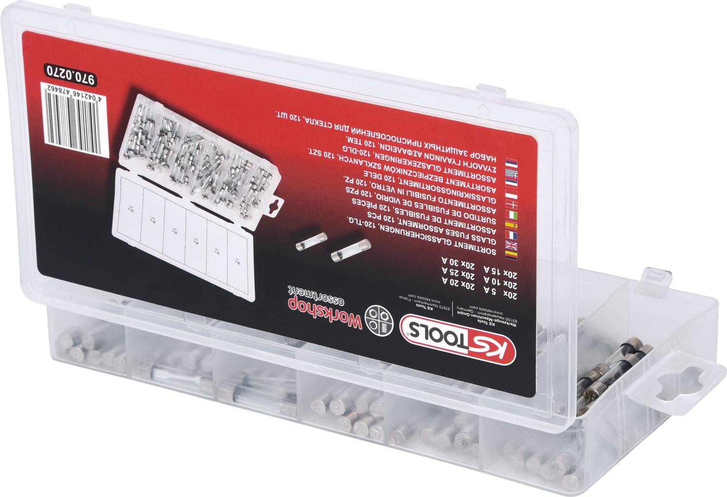 Clear transparent box with various safety features, labelled on the reverse side in multiple languages.