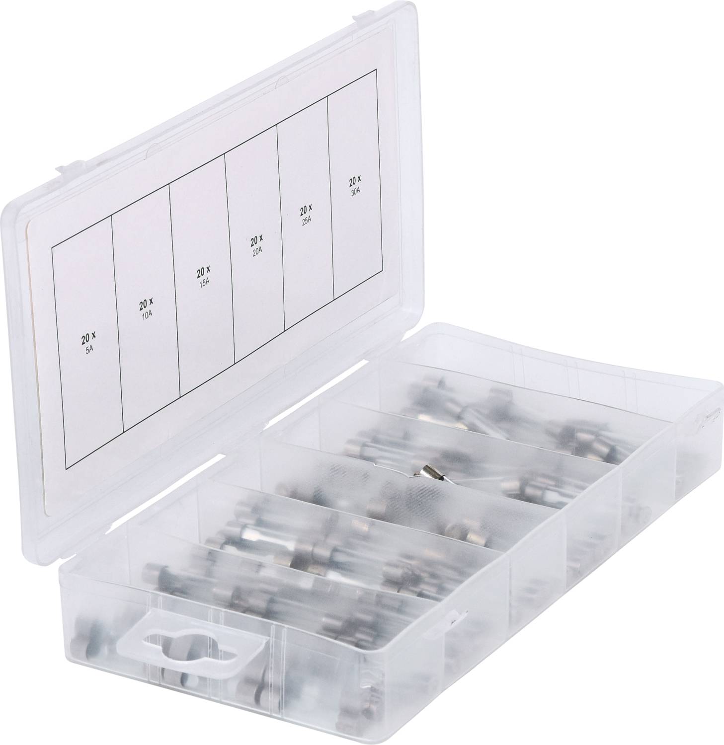 Transparent plastic box with various fuses in separate compartments, labelled with values ranging from 20 A to 35 A.