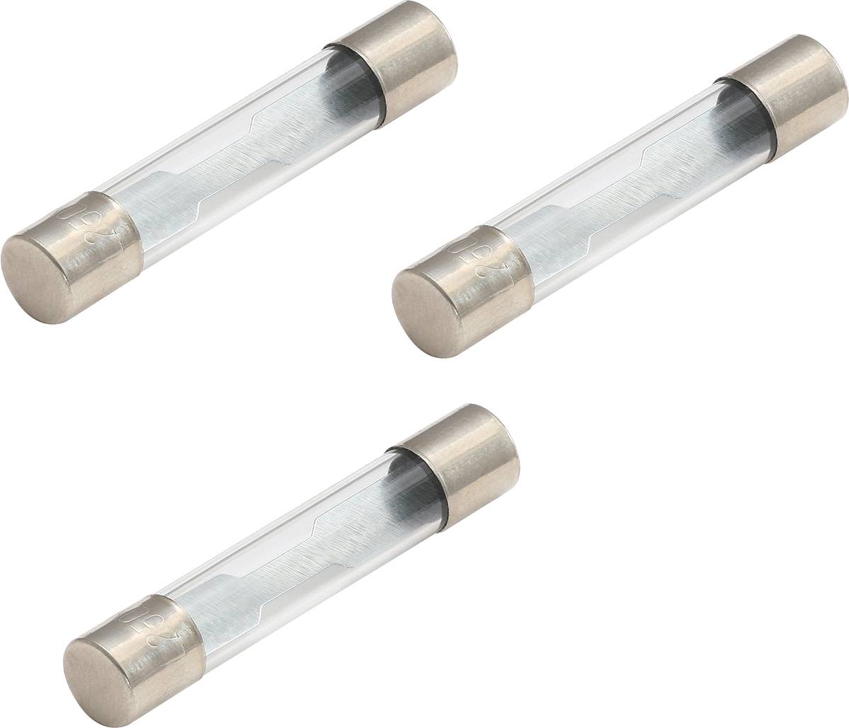 Three glass fuse links with metal caps on a white background.