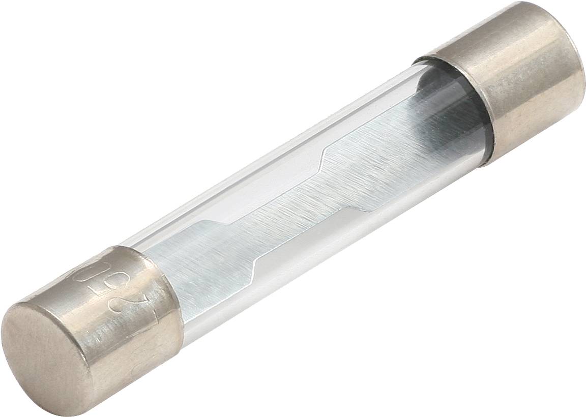 Tube fuse with metal caps, containing a thin wire that melts under excessive current to protect electrical devices.