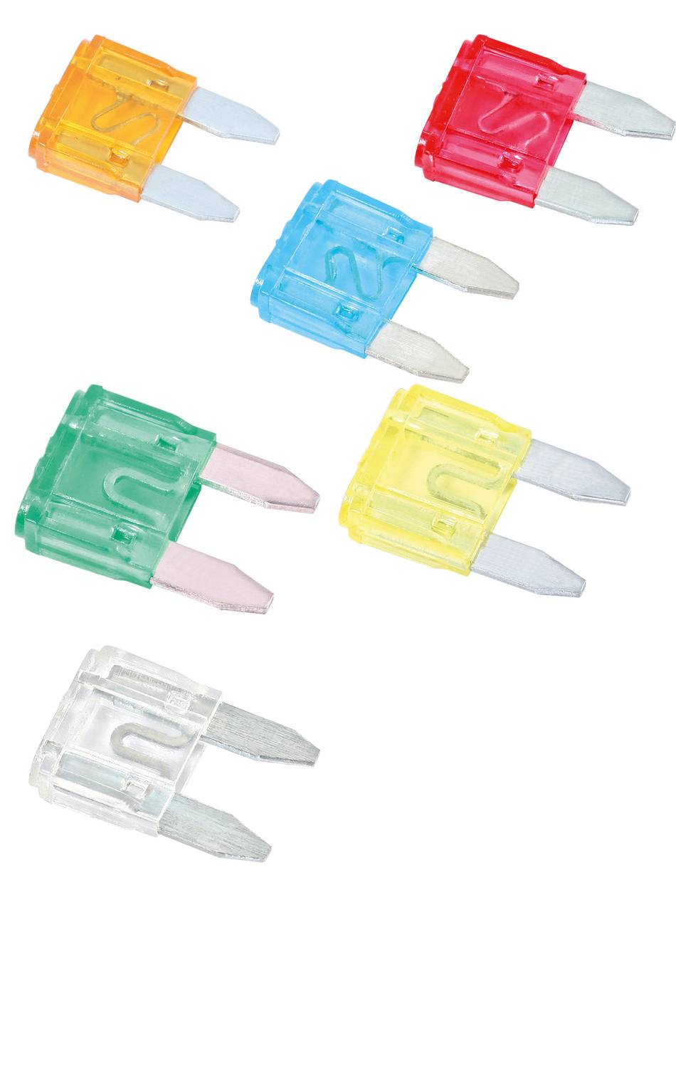 Six automotive fuses in different colours (orange, red, blue, green, yellow, clear) are arranged on a white background.